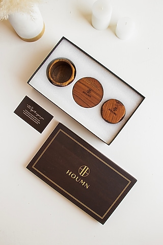 Wooden Brown Acacia Wood Gift Hamper (Set Of 5) by HOUMN