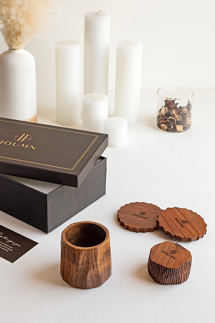 Wooden Brown Acacia Wood Gift Hamper (Set Of 5) by HOUMN at Pernia's Pop Up Shop