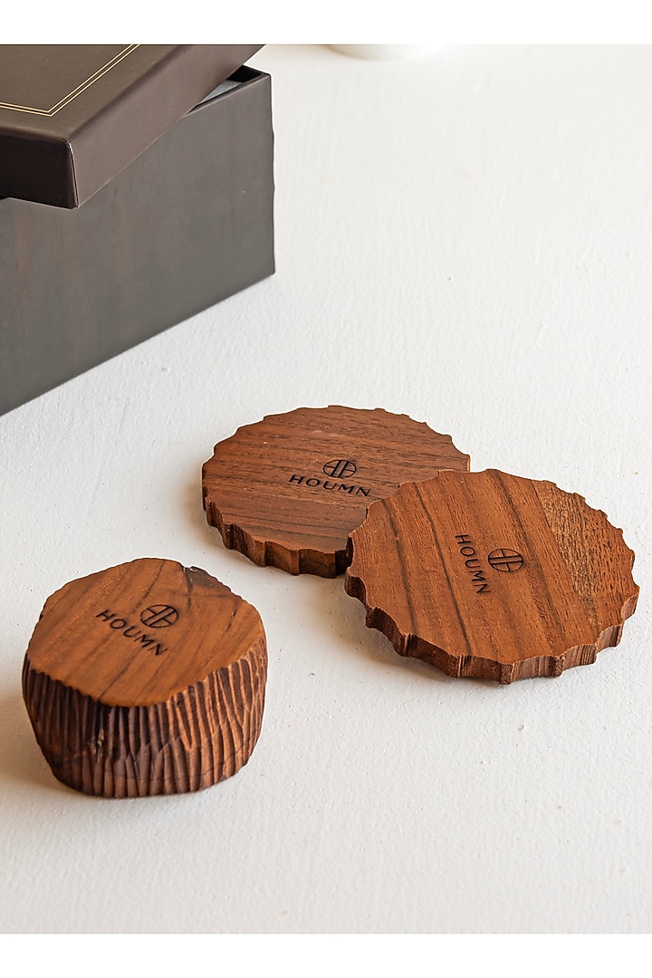 Wooden Brown Acacia Wood Gift Hamper (Set Of 5) by HOUMN at Pernia's Pop Up Shop