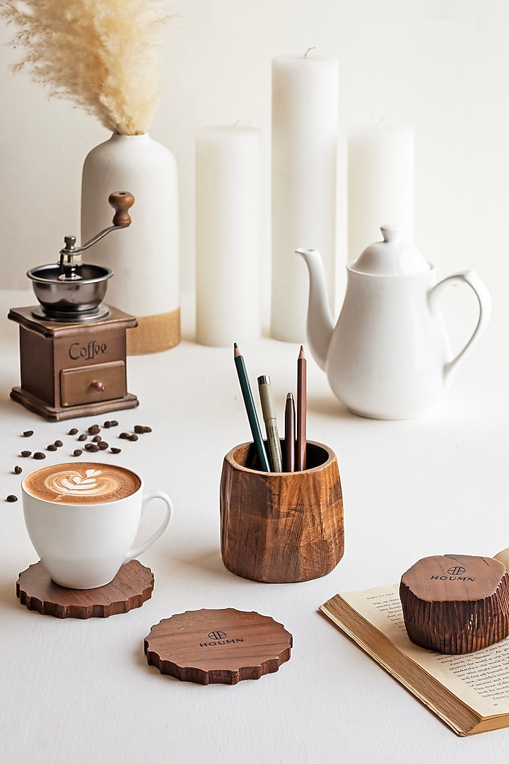 Wooden Brown Acacia Wood Gift Hamper (Set Of 5) by HOUMN at Pernia's Pop Up Shop