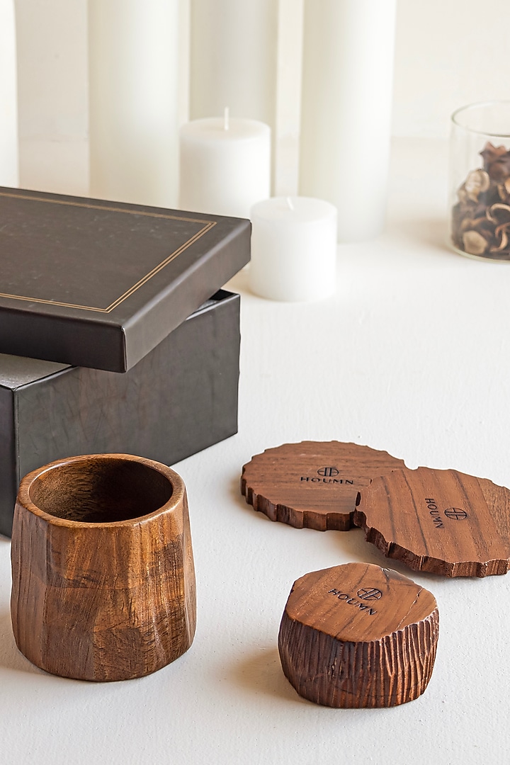 Wooden Brown Acacia Wood Gift Hamper (Set Of 5) by HOUMN at Pernia's Pop Up Shop