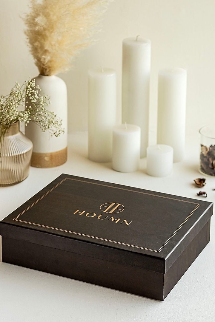 Wooden Brown Acacia Wood Gift Hamper (Set Of 5) by HOUMN at Pernia's Pop Up Shop