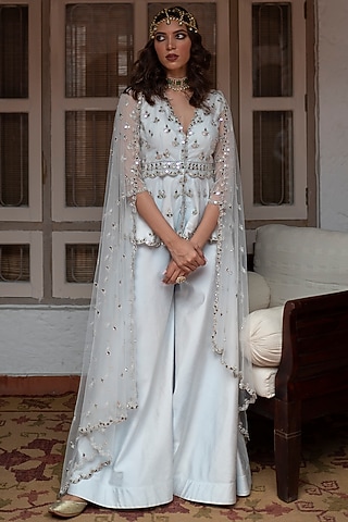 Powder Blue Dupion Silk Sharara Set by House of dasmaya