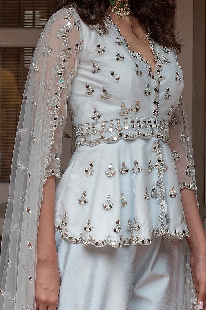 Powder Blue Dupion Silk Wedding Sharara Set by House of dasmaya at Pernia's Pop Up Shop