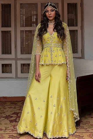 Yellow Mirror Embroidered Sharara Set by House of dasmaya