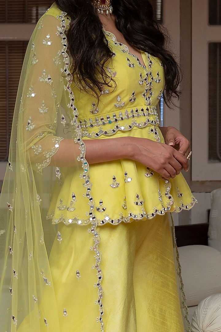 Yellow Mirror Embroidered Wedding Sharara Set by House of dasmaya at Pernia's Pop Up Shop