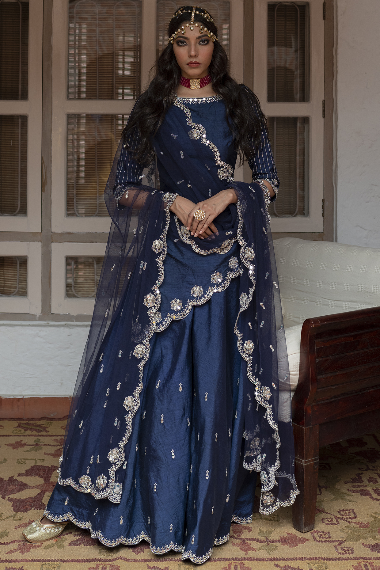 Blue Mirror Embroidered Sharara Set by House of dasmaya
