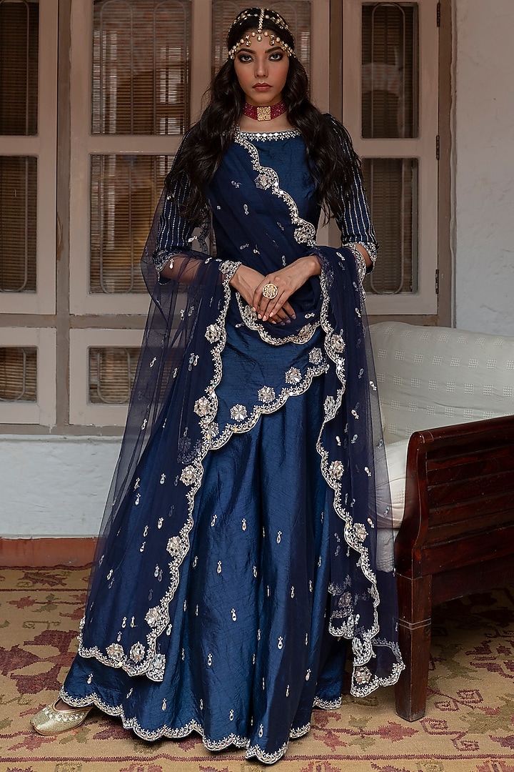 Blue Mirror Embroidered Sharara Set by House of dasmaya