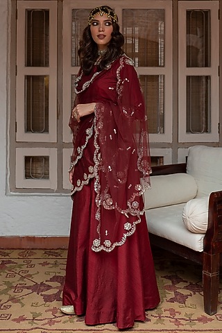 Maroon Dupion Silk Sharara Set by House of dasmaya