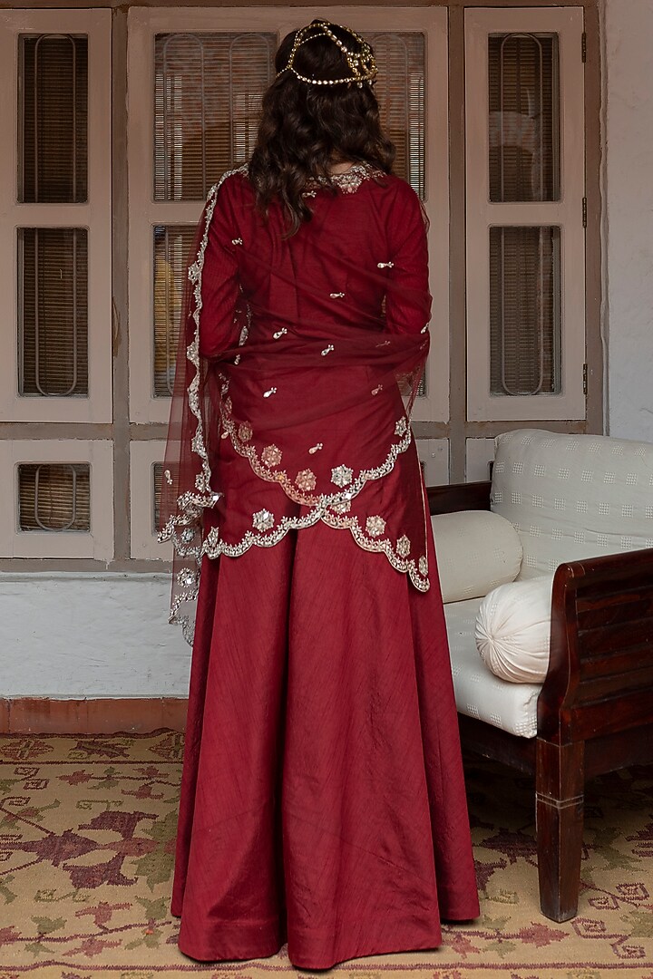 Maroon Dupion Silk Wedding Sharara Set by House of dasmaya at Pernia's Pop Up Shop