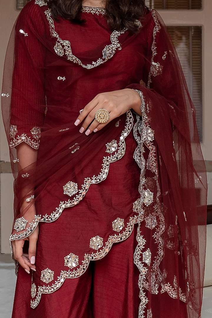 Maroon Dupion Silk Wedding Sharara Set by House of dasmaya at Pernia's Pop Up Shop
