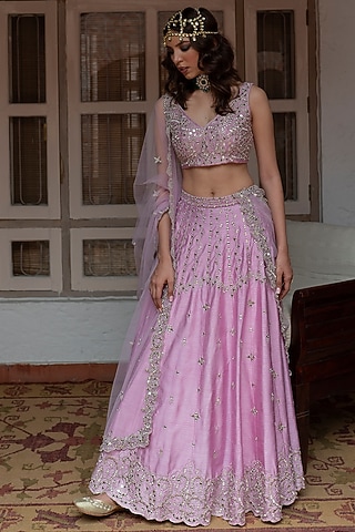 Mauve Mirror Embroidered Lehenga Set by House of dasmaya