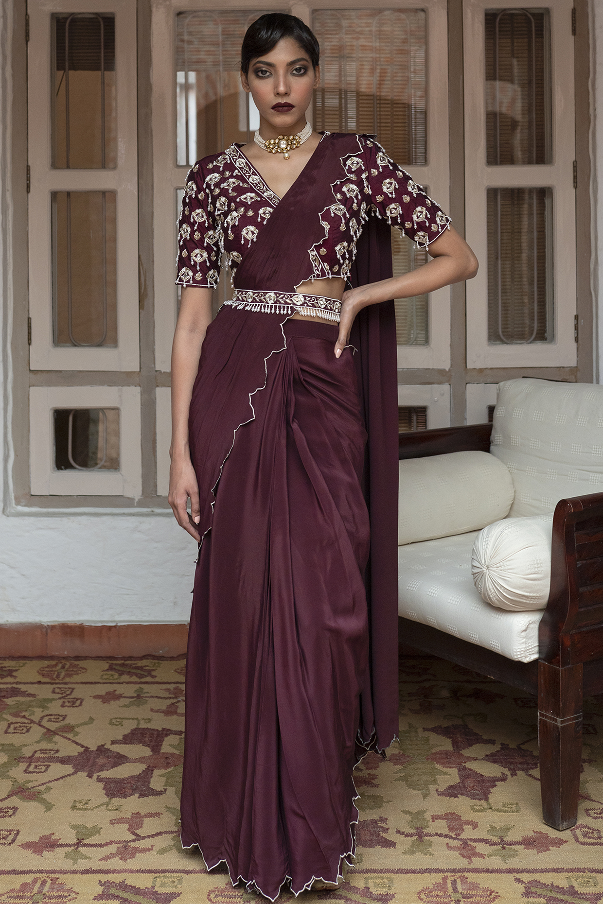 Wine Organza Silk Embroidered Party Wear Saree - Gunj fashion – Gunj Fashion
