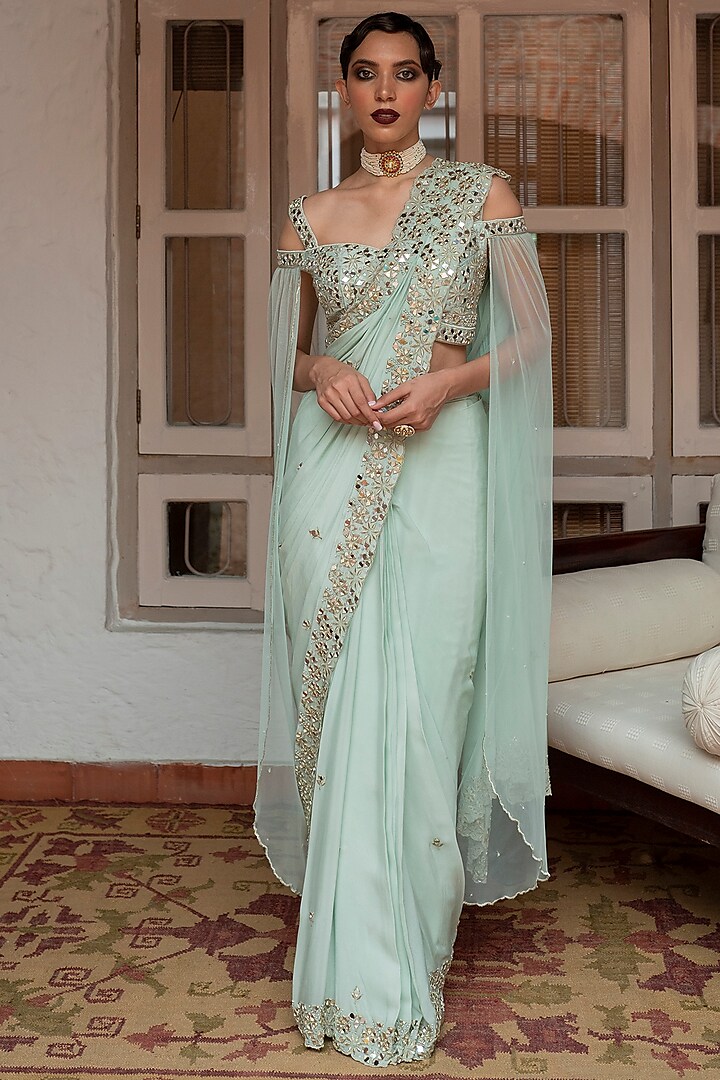 Mint Blue Dupion & Crepe Mirror Embroidered Stitched Saree Set by House of dasmaya