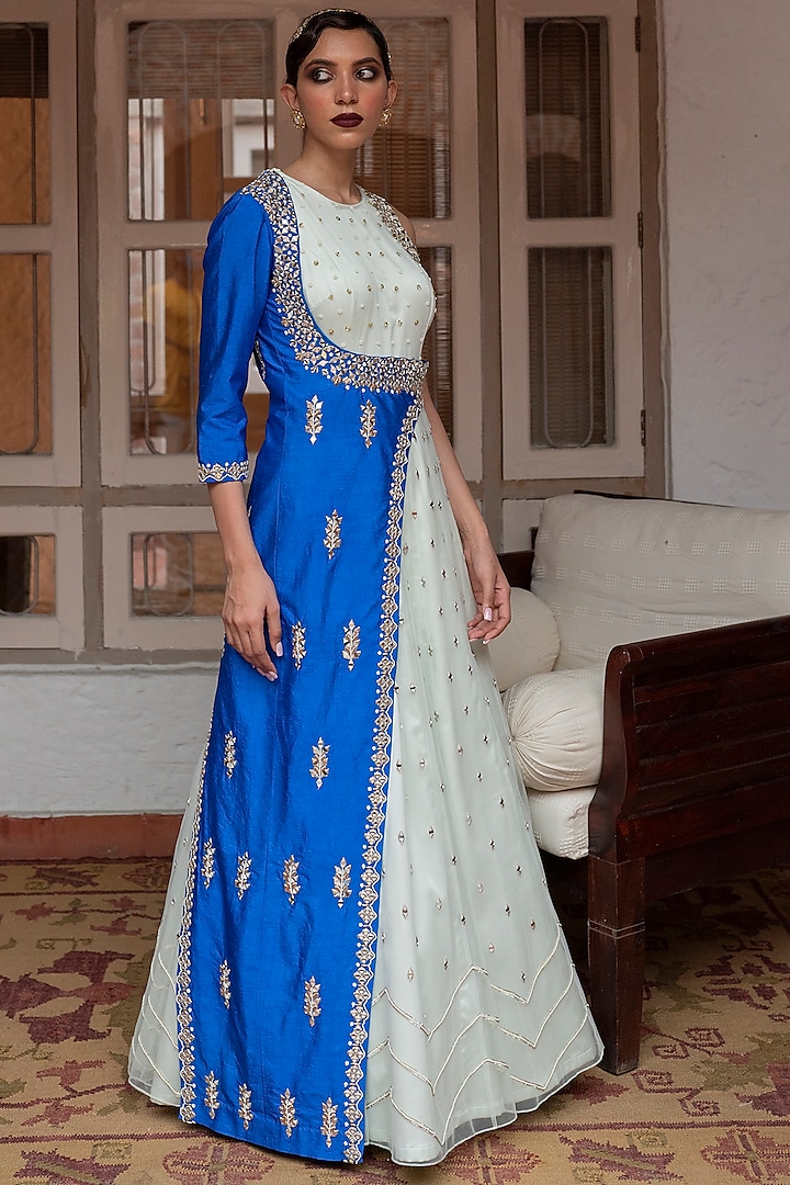 Mint Blue Mirror Embroidered Anarkali by House of dasmaya