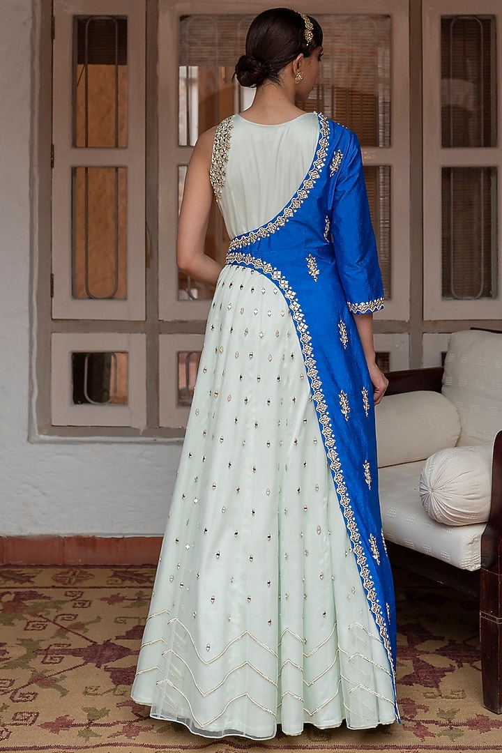 Mint Blue Mirror Embroidered Wedding Anarkali by House of dasmaya at Pernia's Pop Up Shop