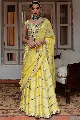 Yellow Mirror Embroidered Lehenga Set by House of dasmaya