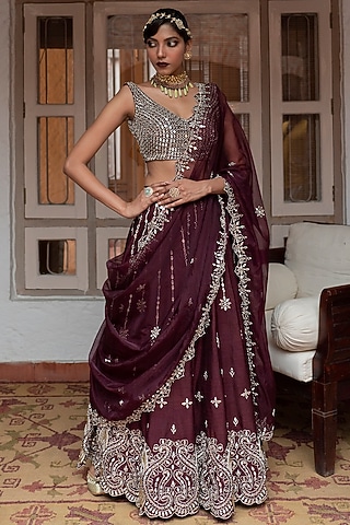 Wine Mirror & Pearl Embroidered Lehenga Set by House of dasmaya
