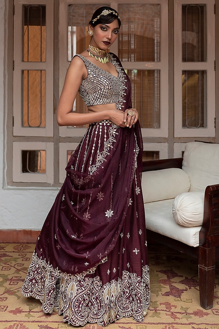 Wine Mirror & Pearl Embroidered Wedding Lehenga Set by House of dasmaya at Pernia's Pop Up Shop