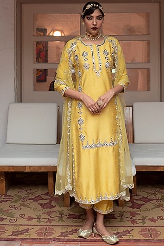 Lime Green Mirror Embroidered Kurta Set by House of dasmaya
