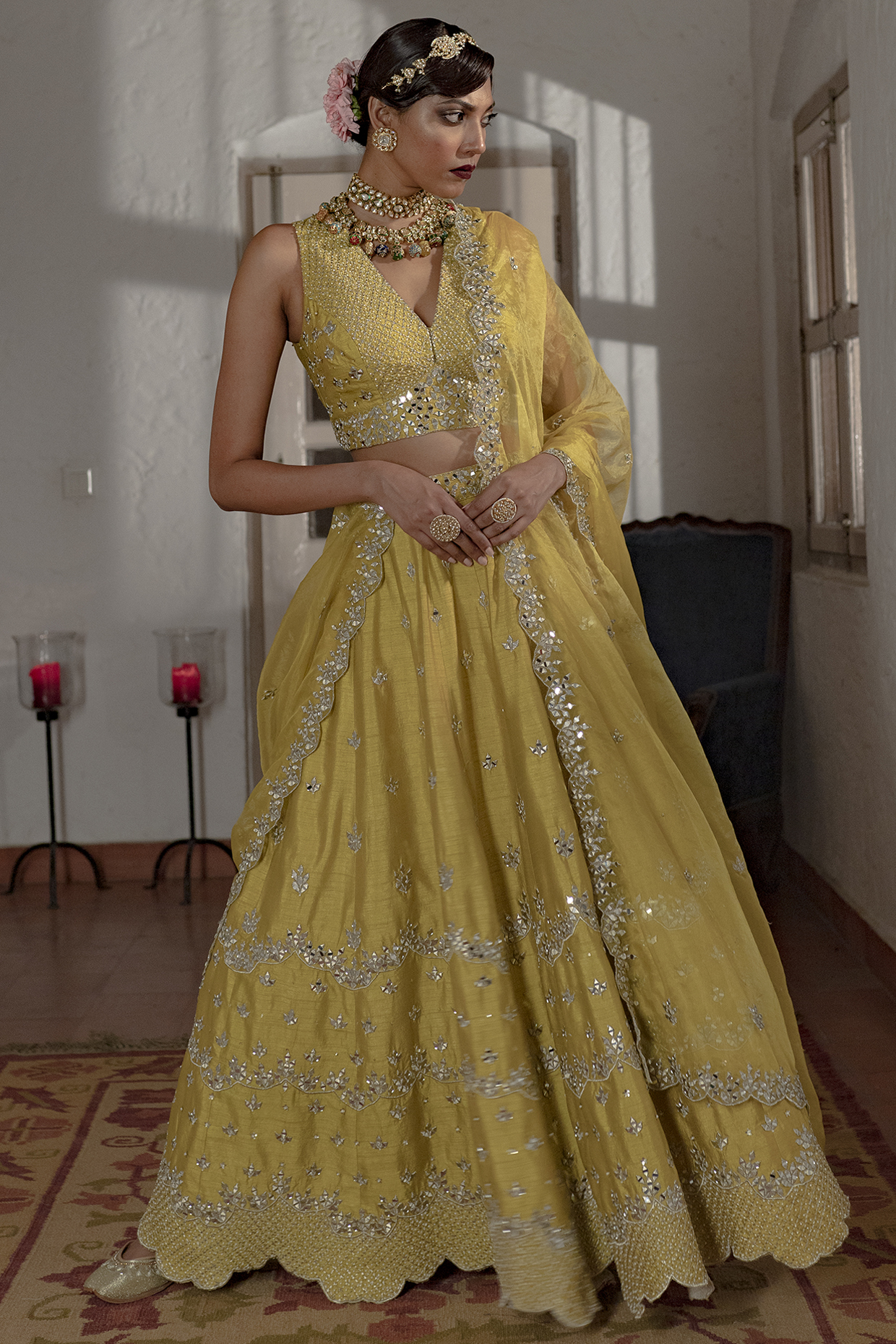 Lime Green Mirror Embroidered Lehenga Set by House of dasmaya