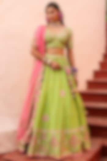 Lime Green Zardosi Embroidered Wedding Lehenga Set by House of Dasmaya at Pernia's Pop Up Shop