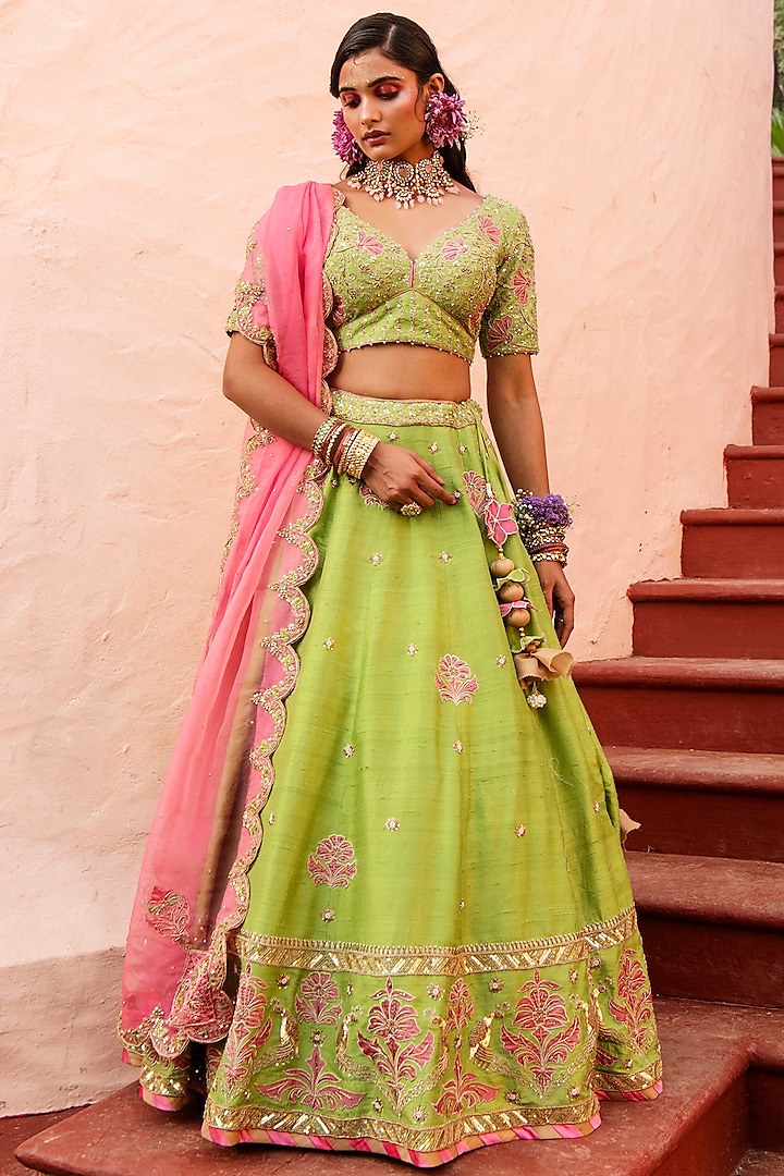 Lime Green Zardosi Embroidered Wedding Lehenga Set by House of Dasmaya at Pernia's Pop Up Shop