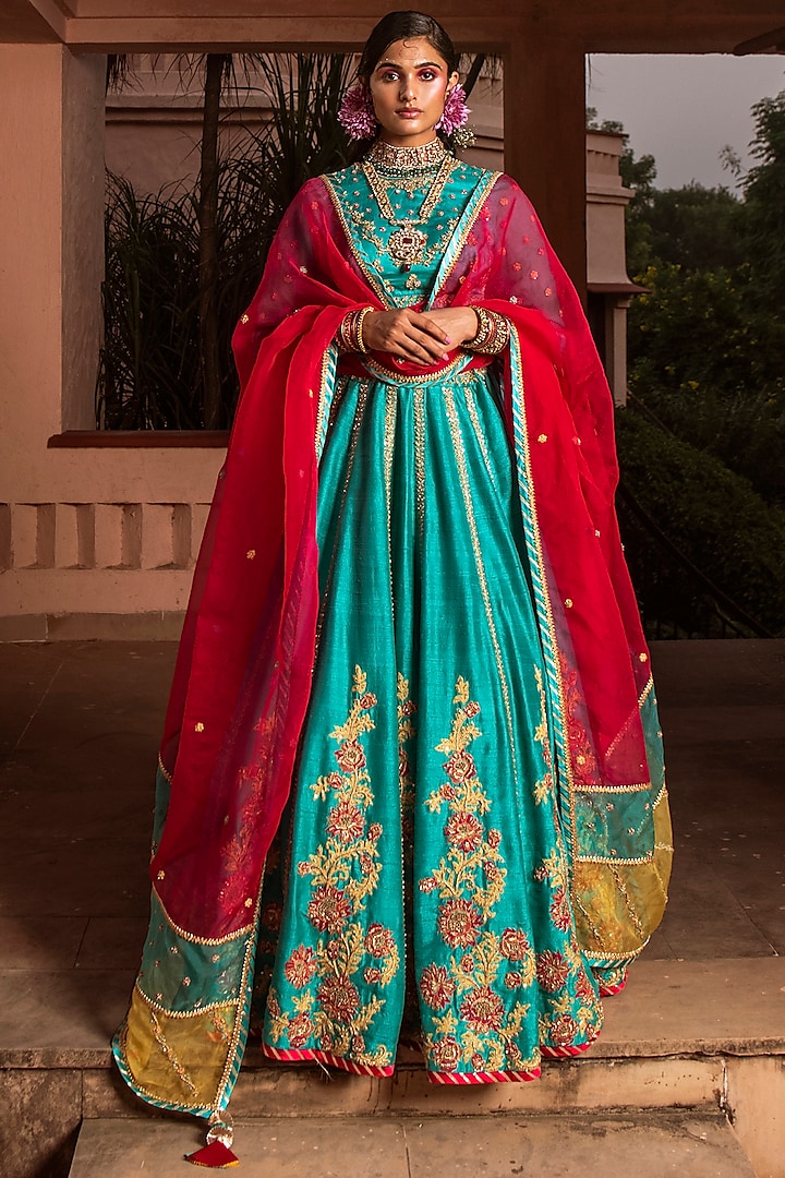 Teal Blue Zardosi Embroidered Wedding Lehenga Set by House of Dasmaya at Pernia's Pop Up Shop