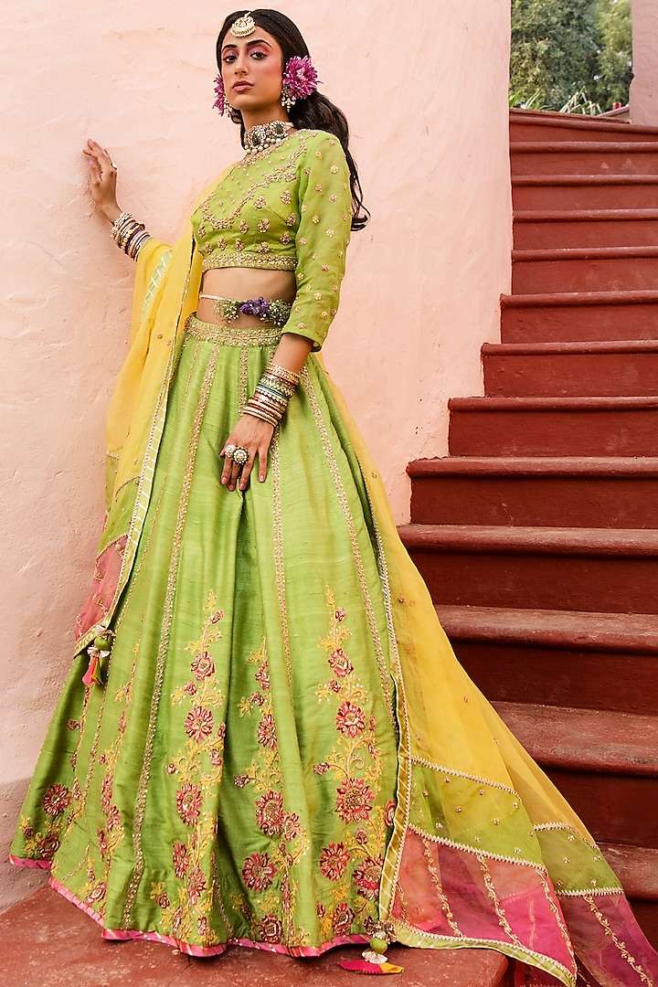 Green Raw Silk Embroidered Lehenga Set by House of Dasmaya