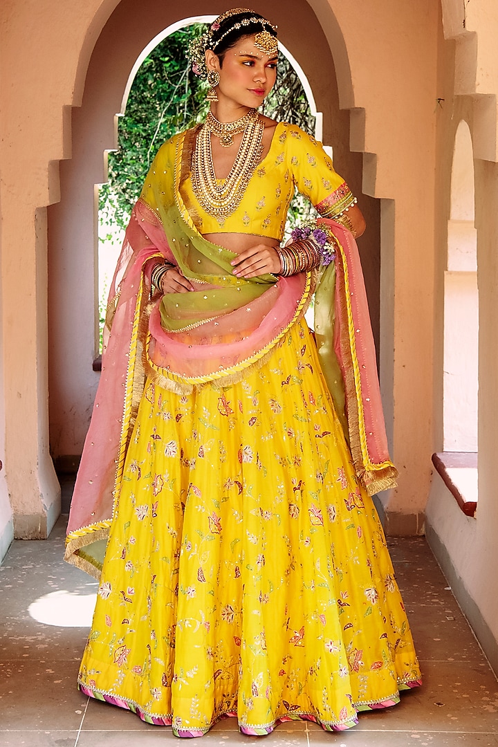 Yellow Aari Embroidered Wedding Lehenga Set by House of Dasmaya at Pernia's Pop Up Shop