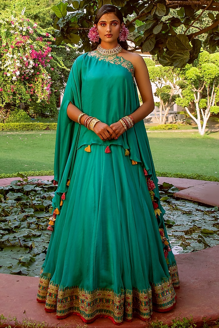 Teal Blue Zari Embroidered  dulhan bday 22 may Lehenga Set by House of Dasmaya at Pernia's Pop Up Shop
