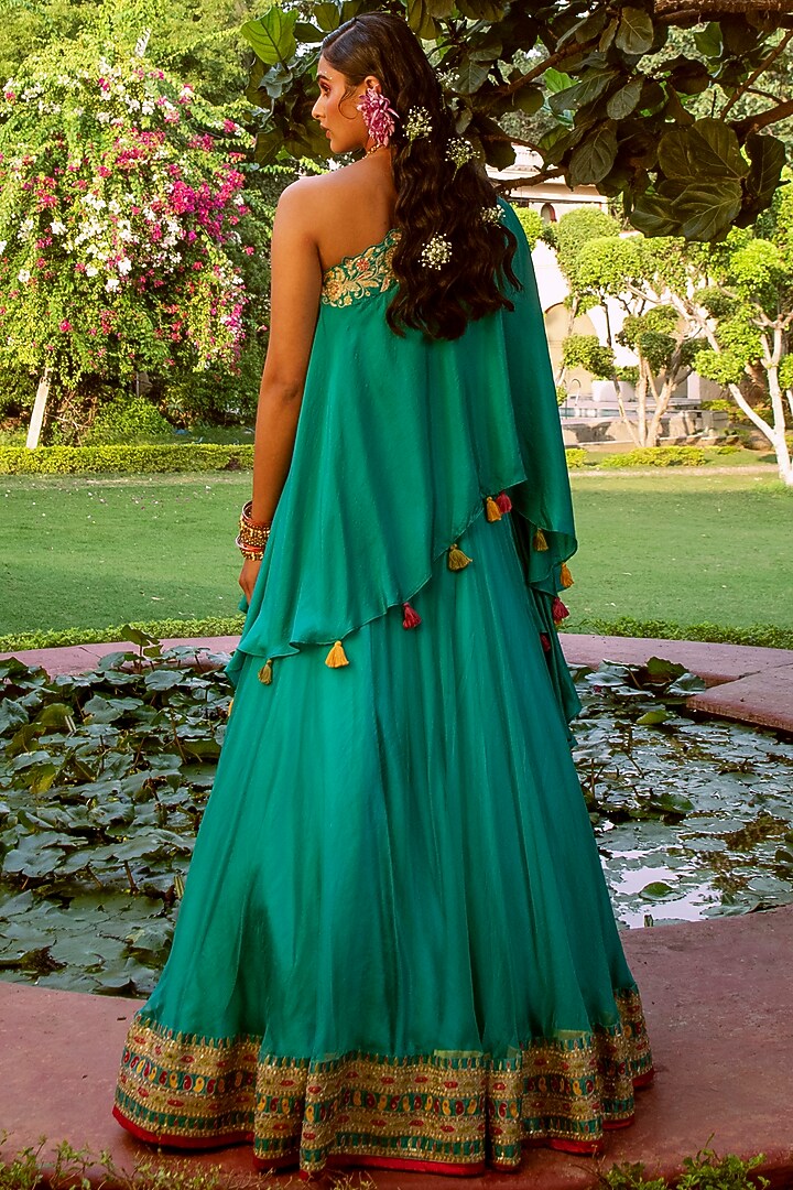 Teal Blue Zari Embroidered Wedding Lehenga Set by House of Dasmaya at Pernia's Pop Up Shop