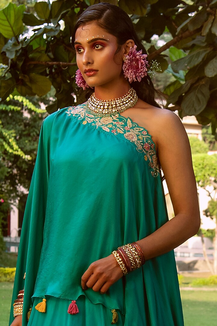 Teal Blue Zari Embroidered Wedding Lehenga Set by House of Dasmaya at Pernia's Pop Up Shop