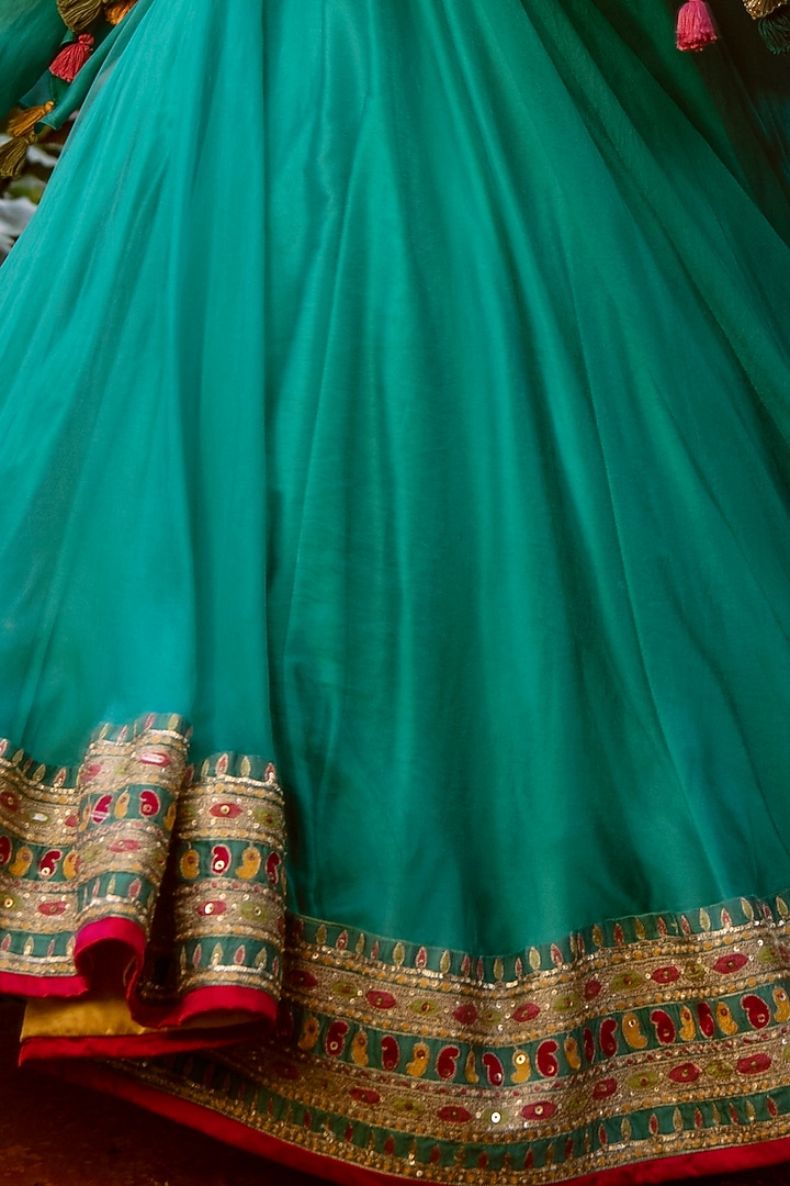 Teal Blue Zari Embroidered Wedding Lehenga Set by House of Dasmaya at Pernia's Pop Up Shop