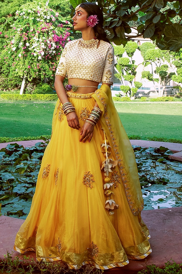 Yellow Zardosi Embroidered Wedding Lehenga Set by House of Dasmaya at Pernia's Pop Up Shop