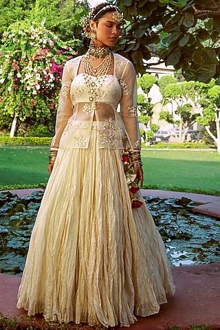 Ivory Crinkled Chanderi Lehenga Set by House of Dasmaya