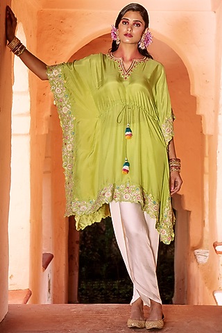 Green Silk Kaftan Set by House of Dasmaya