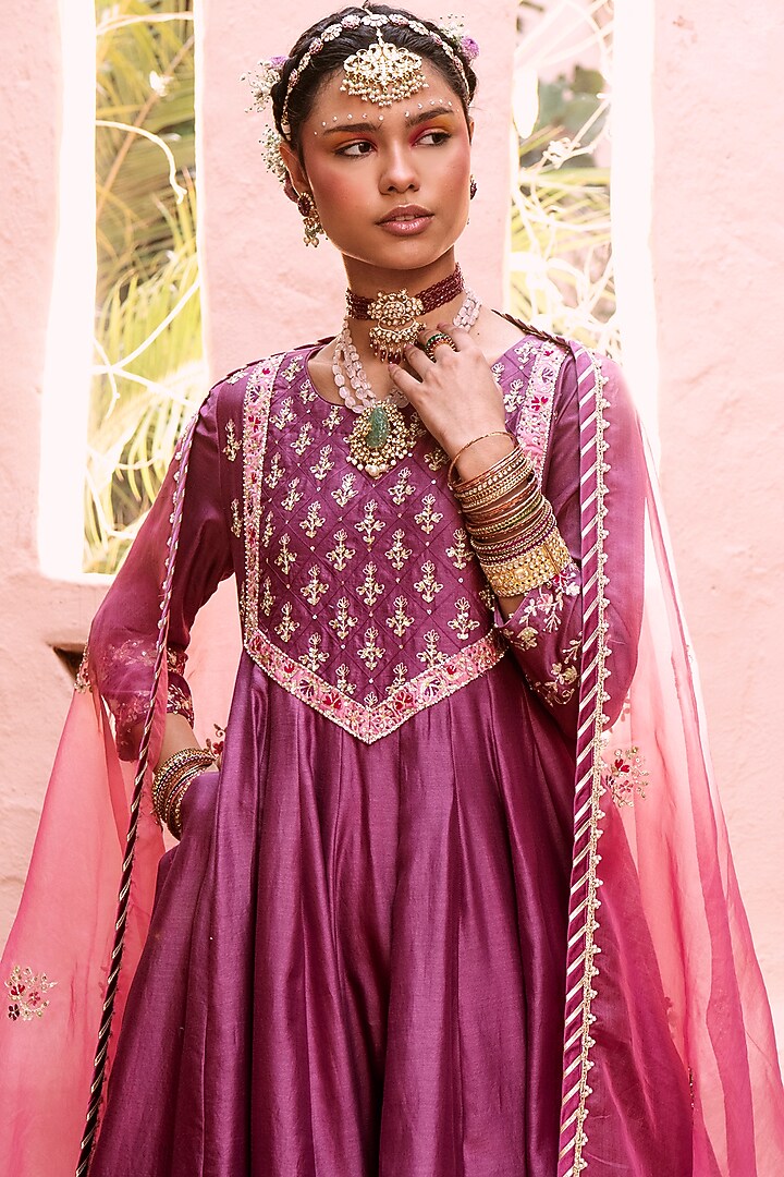 Jam Purple Embroidered Wedding Anarkali Set by House of Dasmaya at Pernia's Pop Up Shop
