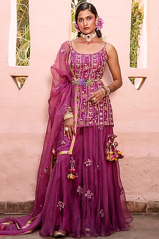 Purple Embroidered Sharara Set by House of Dasmaya