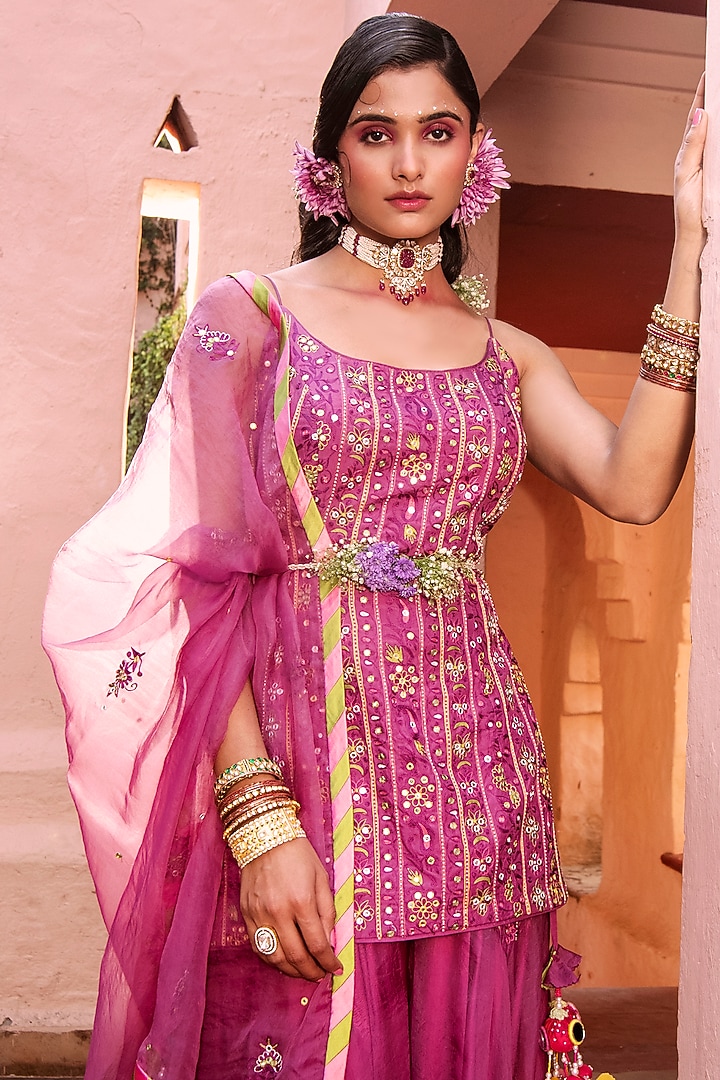Purple Embroidered Wedding Sharara Set by House of Dasmaya at Pernia's Pop Up Shop