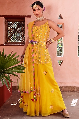 Yellow Embroidered Sharara Set by House of Dasmaya