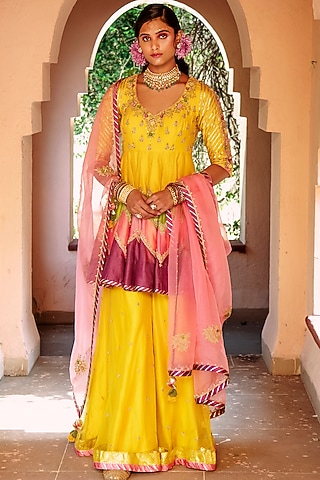 Yellow Zardosi Embroidered Sharara Set by House of Dasmaya