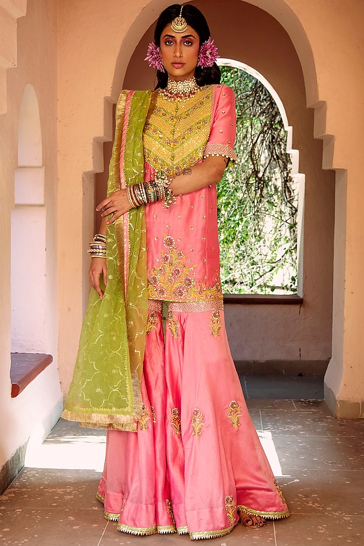 Pink Silk Chanderi Resham Embroidered Gharara Set by House of Dasmaya