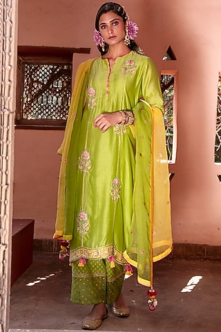 Lime Green Embroidered Kurta Set by House of Dasmaya