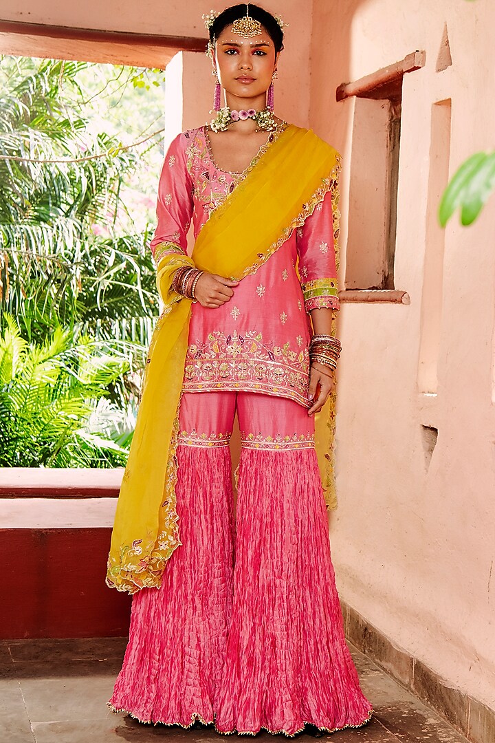 Pink Zari Embroidered Gharara Set by House of Dasmaya