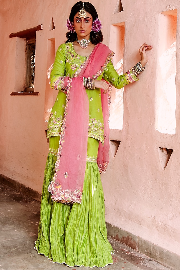 Lime Green Silk Chanderi Crinkled Zari Embroidered Gharara Set by House of Dasmaya