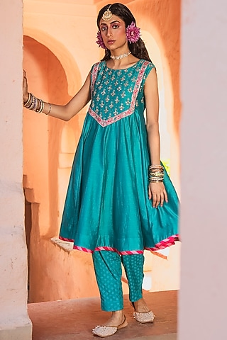 Teal Blue Embroidered Anarkali Set by House of Dasmaya