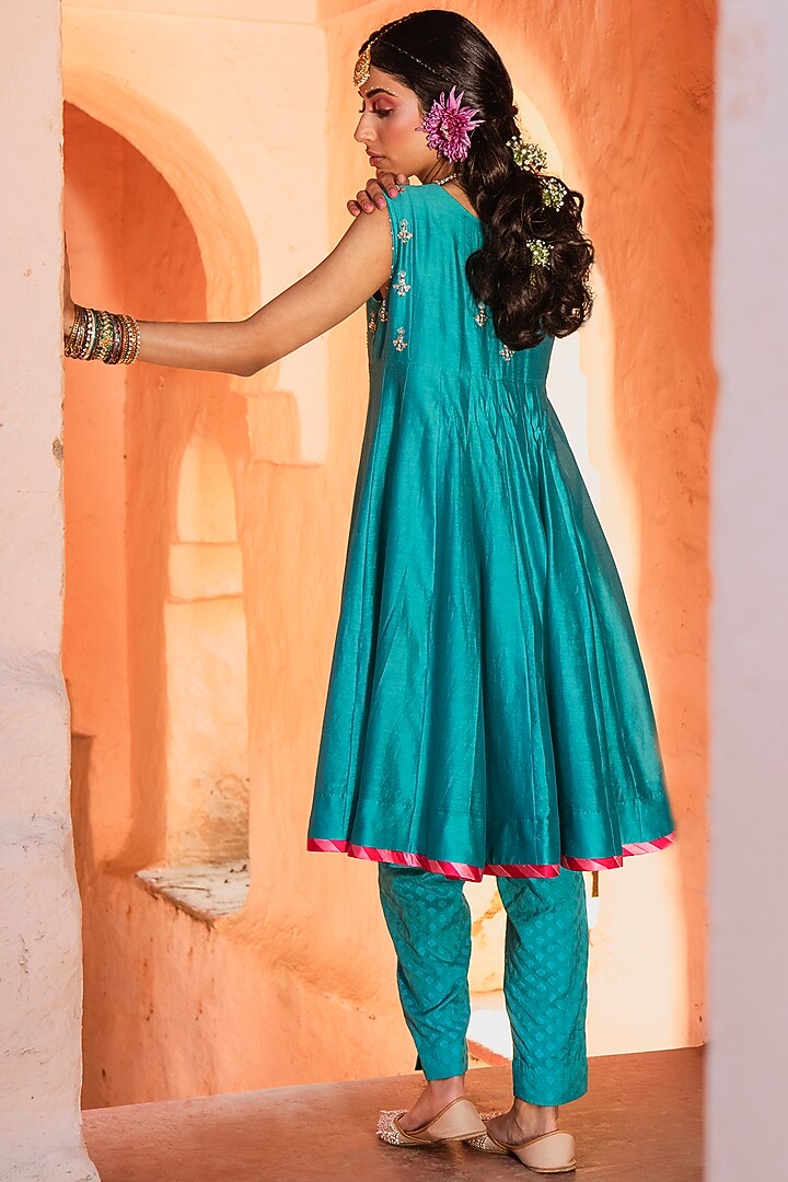 Teal Blue Embroidered Party Wear Anarkali Set by House of Dasmaya at Pernia's Pop Up Shop