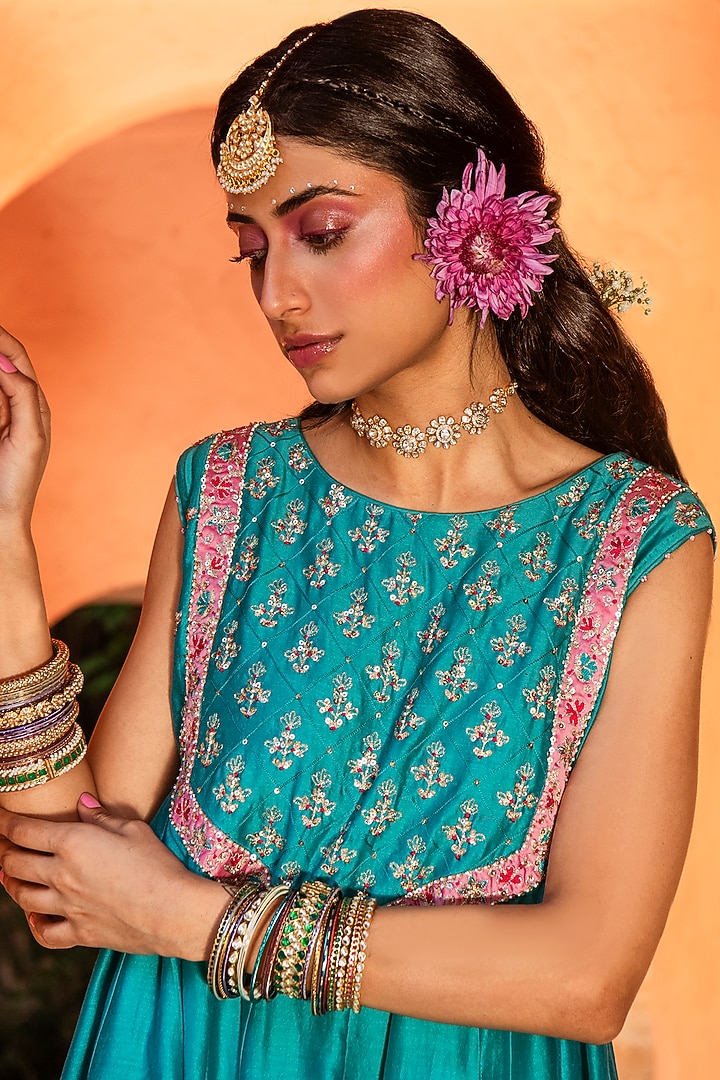 Teal Blue Embroidered Party Wear Anarkali Set by House of Dasmaya at Pernia's Pop Up Shop