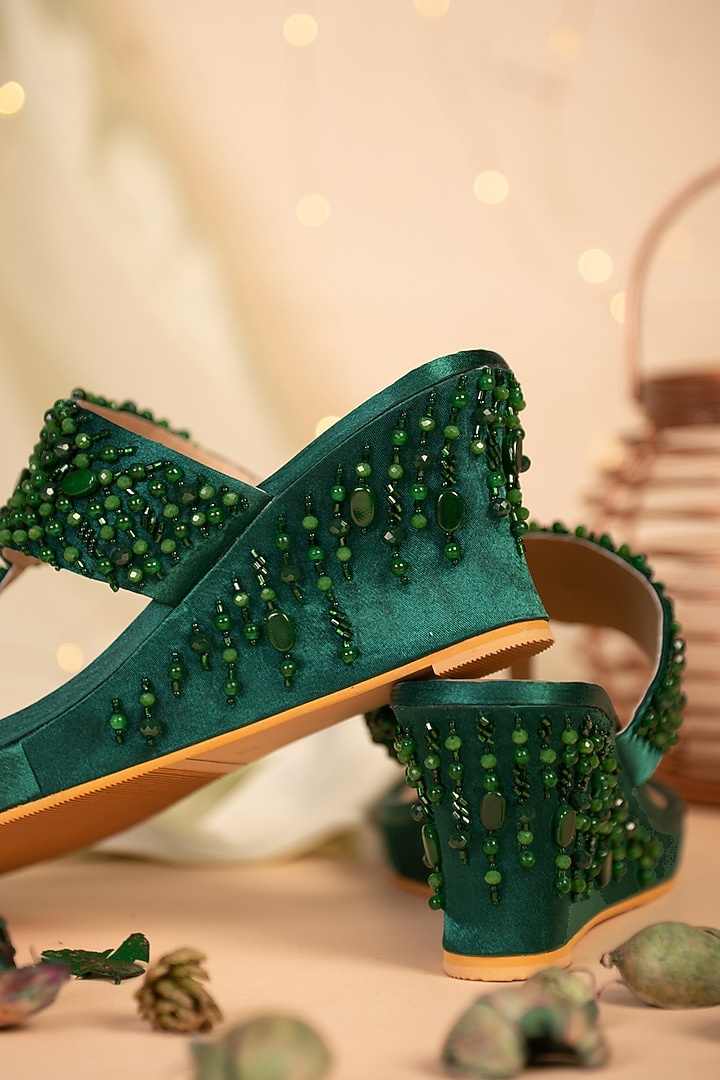 Green Embroidered Wedge Heels by House of Vian at Pernia's Pop Up Shop